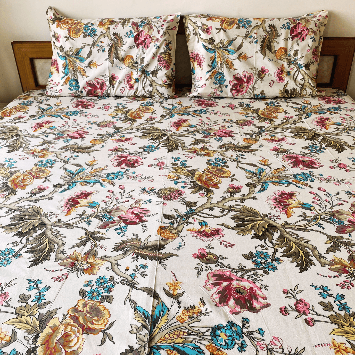 Celestia Bedsheet Set 100% Cotton, King Size Double Bed Sheet, 100" x 108" inch - Coral Slub -